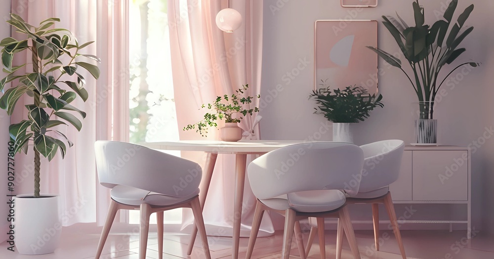 Intimate Pastel Hues: Modern Minimalist Dining Room with a Cozy Vibe. side angle Intimate Pastel Hues: Modern Minimalist Dining Room with a Cozy Vibe. side angle
