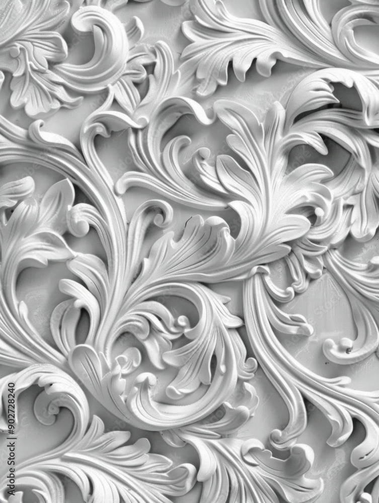 White relief floral pattern. Nature-inspired decoration. A pale grey acanthus pattern. Decorative carving White relief floral pattern. Nature-inspired decoration. A pale grey acanthus pattern. Decorative carving