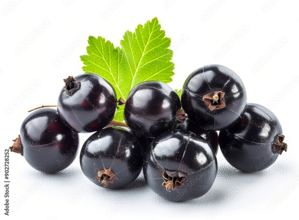 Black Currants with Green Leaf on White Background Black Currants with Green Leaf on White Background