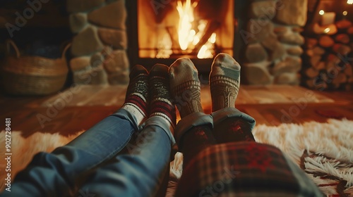 Couple in love sitting near fireplace legs in warm socks close up image cozy christmas home atmosphere