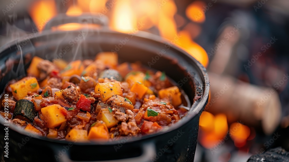 A heartwarming pot of hearty stew, comprising of meat and a variety of vegetables, is set over the fire, with steam rising and creating a cozy, outdoor cooking atmosphere. A heartwarming pot of hearty stew, comprising of meat and a variety of vegetables, is set over the fire, with steam rising and creating a cozy, outdoor cooking atmosphere.