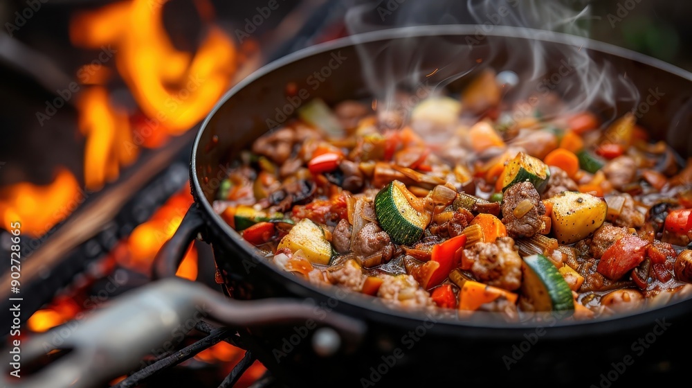 A vibrant mix of vegetables sizzling in a large skillet over an open flame, with steam rising and capturing the essence of outdoor cooking and fresh ingredients. A vibrant mix of vegetables sizzling in a large skillet over an open flame, with steam rising and capturing the essence of outdoor cooking and fresh ingredients.