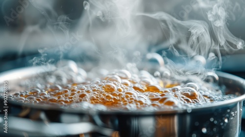 Close-up of a pot with boiling liquid, showing bubbles and steam rising. The focus is on the boiling action of the liquid, emphasizing the cooking process. photo