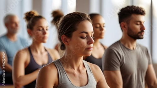 group of people performing meditation in yoga and breathing with closed eyes.