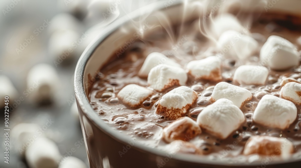 A close-up of a steaming pot filled with rich hot chocolate, topped with fluffy marshmallows, emitting a cozy and inviting atmosphere perfect for a warm, sweet treat. A close-up of a steaming pot filled with rich hot chocolate, topped with fluffy marshmallows, emitting a cozy and inviting atmosphere perfect for a warm, sweet treat.