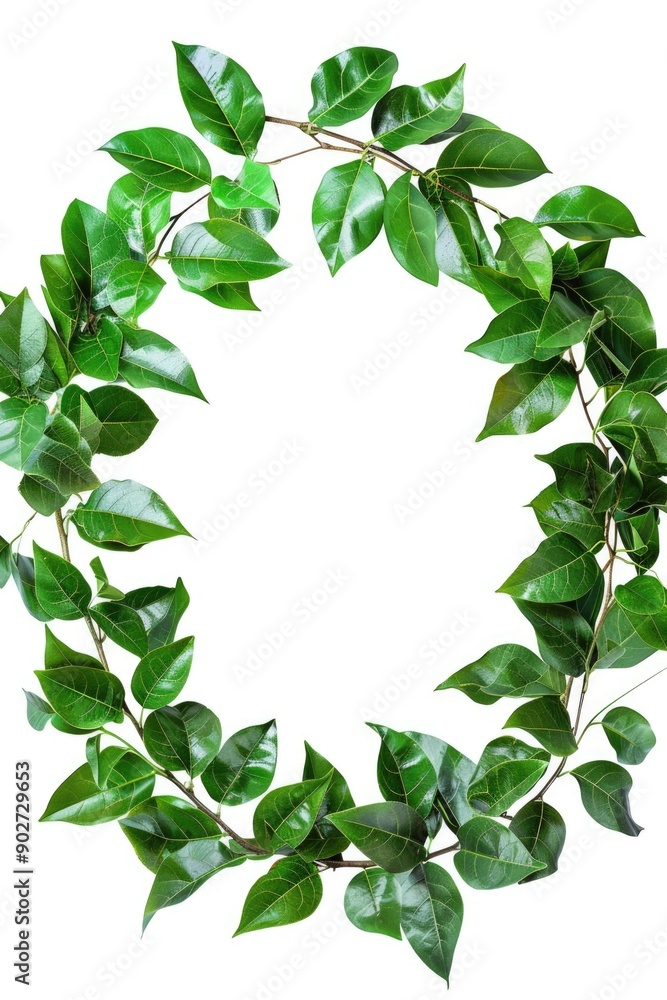 A circular arrangement of green leaves on a plain white surface A circular arrangement of green leaves on a plain white surface