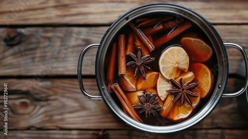 A pot filled with aromatic ingredients such as star anise, cinnamon sticks, and lemon slices, simmering on a wooden surface, creating a cozy and fragrant atmosphere. photo