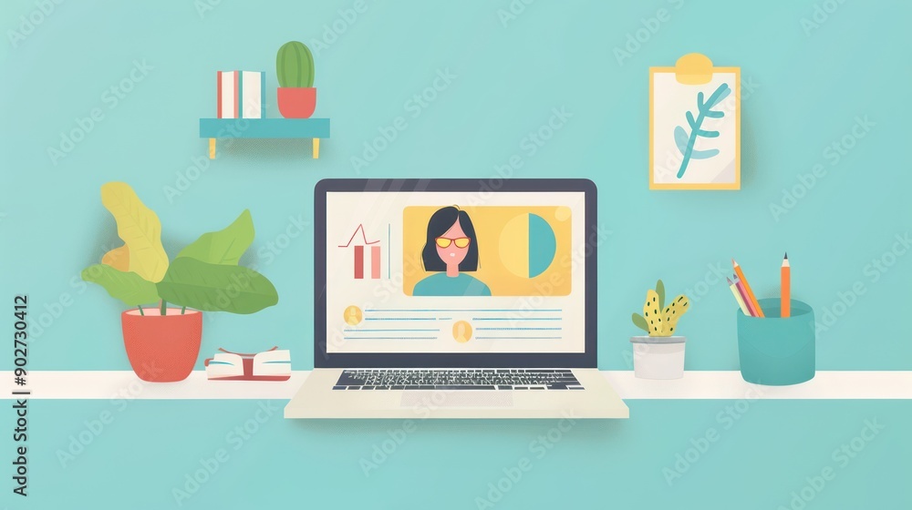 Home background with a laptop displaying a webinar Home background with a laptop displaying a webinar