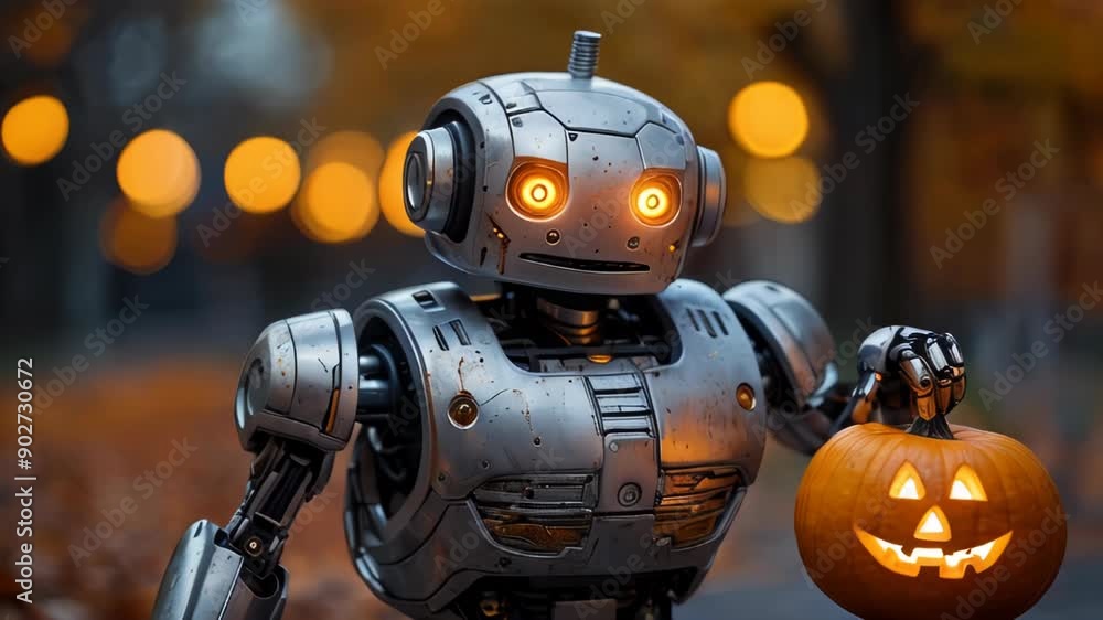 Robot Holding Carved Pumpkin in a Spooky Forest During Autumn Celebration Halloween Robot Holding Carved Pumpkin in a Spooky Forest During Autumn Celebration Halloween