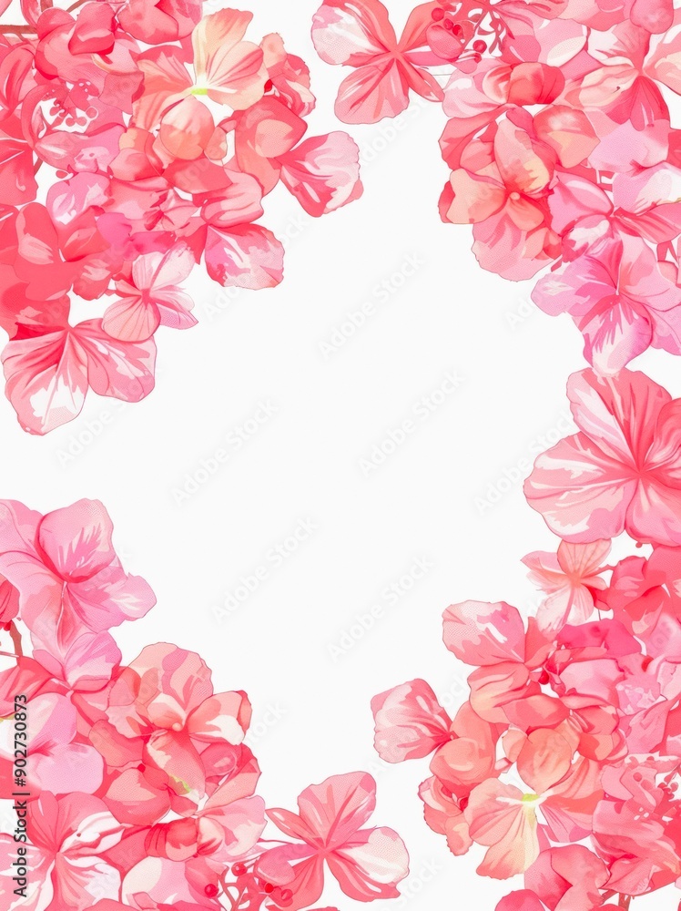 Pink hydrangea flowers as frame on white background with copy space.