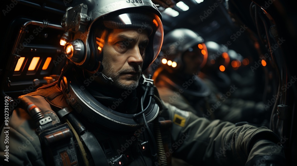 The astronaut is traveling inside the rocket. Generated ai The astronaut is traveling inside the rocket. Generated ai