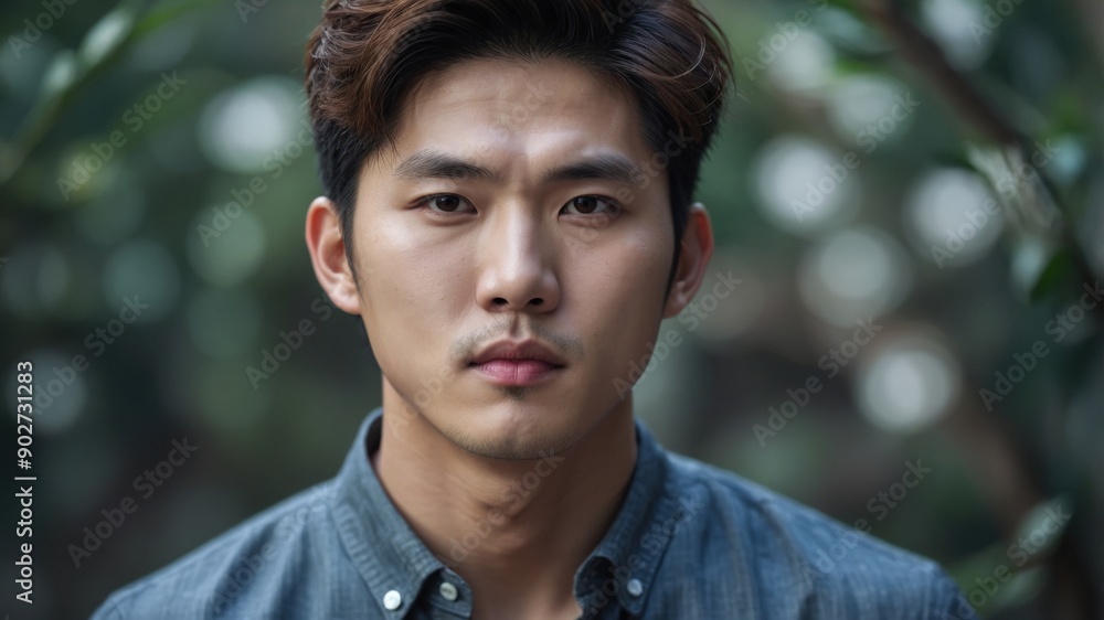 Serious Young Man in Casual Outdoor Portrait

