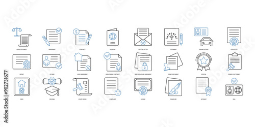 Legal document icons set. Set of editable stroke icons.Set of Legal document