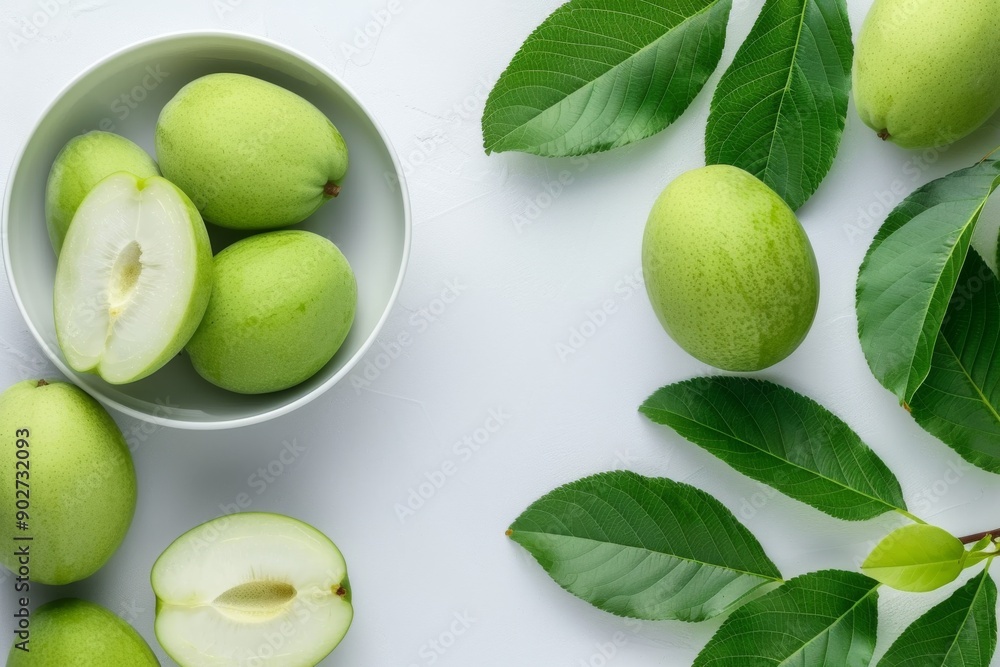 Fresh Green Pear Variety on White Background with Leaves Fresh Green Pear Variety on White Background with Leaves