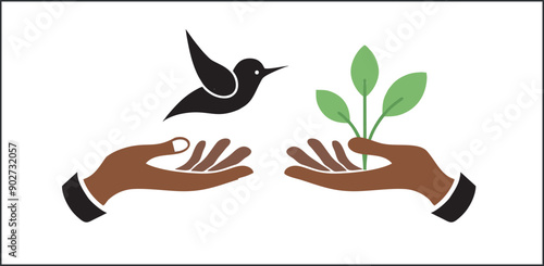birds flying on hand, a natural plant on hand vectore, rehabilitation emblem, bird flies from hand, black isolated silhouette, Hand holding plant with leaf in one continuous line drawing. Green sprout