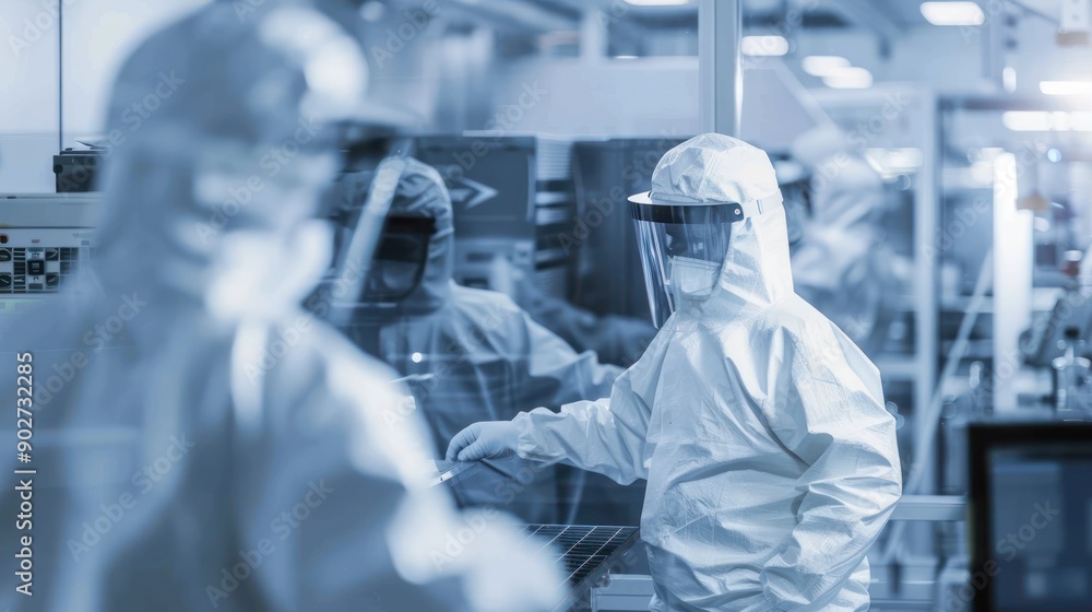 Workers in protective suits in a semiconductor fab Workers in protective suits in a semiconductor fab