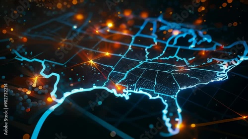 A stunning, glowing digital representation of the United States map, particularly highlighting the vibrant East Coast