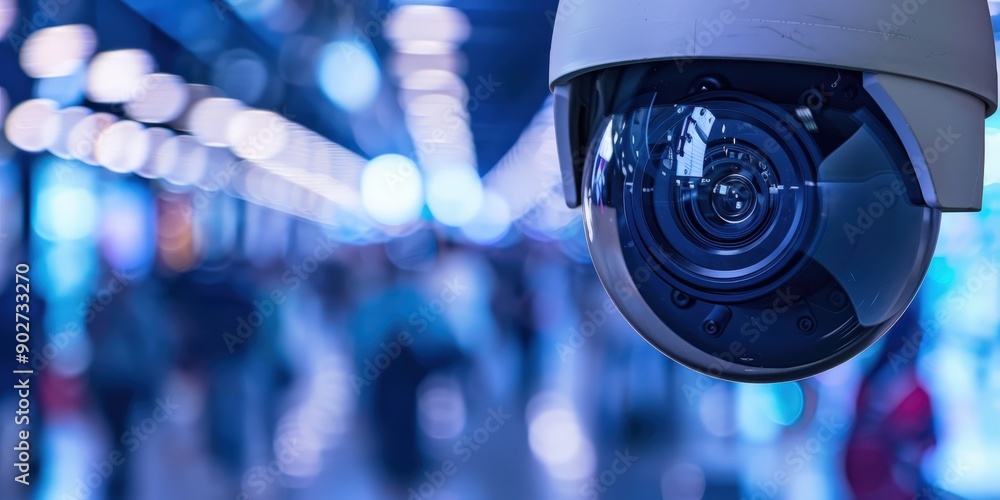 Obraz premium Close up of security camera on blue background, modern security camera cctv