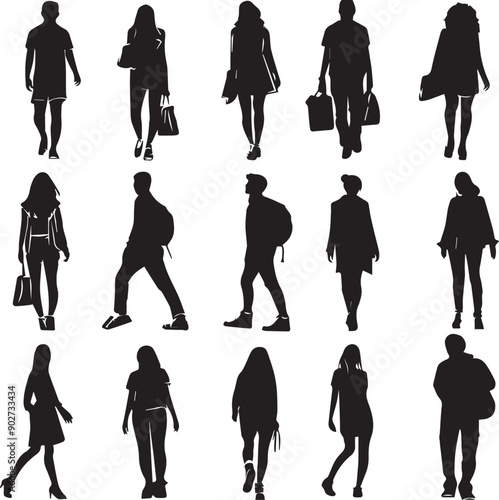 People Walking Dark Silhouette Shapes Vector Set