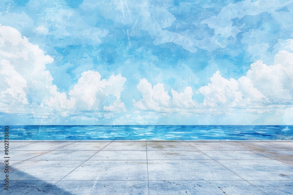 A serene beach scene with clear blue sky and fluffy white clouds, perfect for relaxation or travel photography A serene beach scene with clear blue sky and fluffy white clouds, perfect for relaxation or travel photography