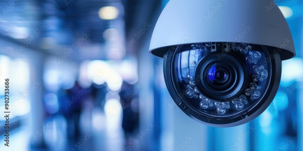 Close up of security camera on blue background, modern security camera cctv Close up of security camera on blue background, modern security camera cctv