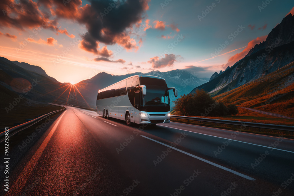 White double-decker bus driving on a mountain road at sunset, illustrating scenic travel and public transportation in rural areas White double-decker bus driving on a mountain road at sunset, illustrating scenic travel and public transportation in rural areas