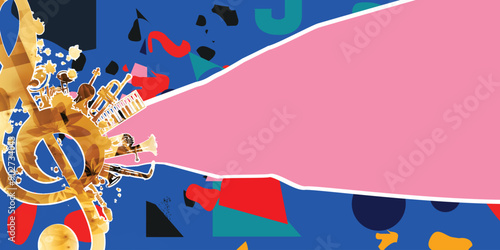 Music background with music instruments vector illustration. Music festival poster with double bell euphonium, violoncello, trumpet, piano, euphonium, sax and guitar