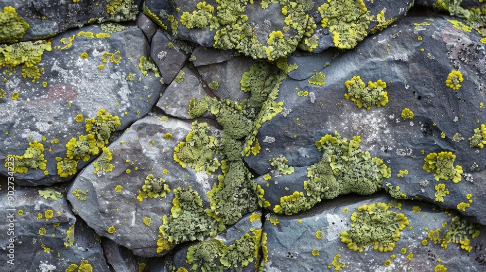 Green and gray lichen covering stone surface Green and gray lichen covering stone surface