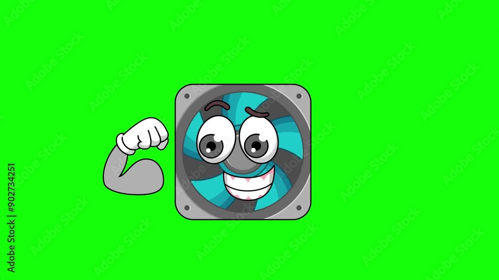 Flexing muscle of computer fan cartoon, strong pose mascot animation on a green screen Flexing muscle of computer fan cartoon, strong pose mascot animation on a green screen