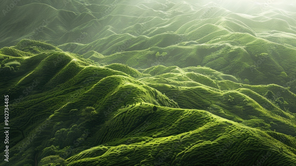 Naklejka premium Green hills basked in morning sunlight