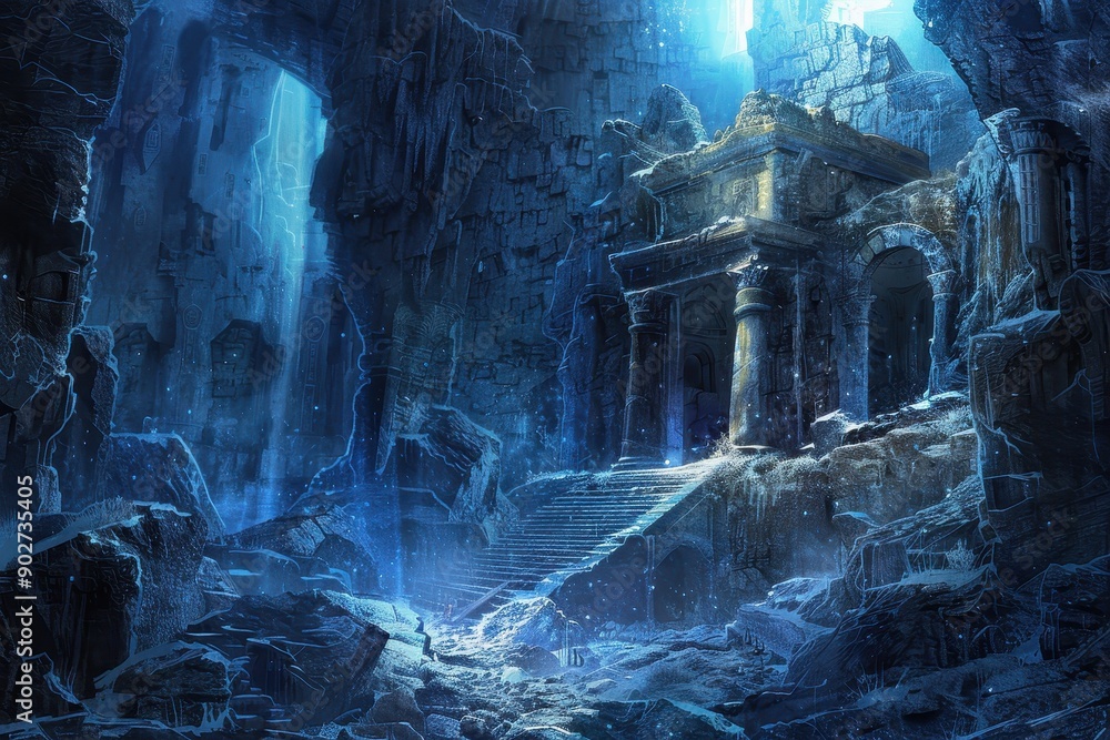 Ancient temple ruins in a frozen cavern with glowing blue crystals Ancient temple ruins in a frozen cavern with glowing blue crystals