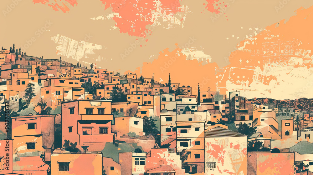 Obraz premium Risograph halftone riso print travel poster, card, wallpaper or banner illustration, modern, isolated, clear, simple of Zahle, Lebanon