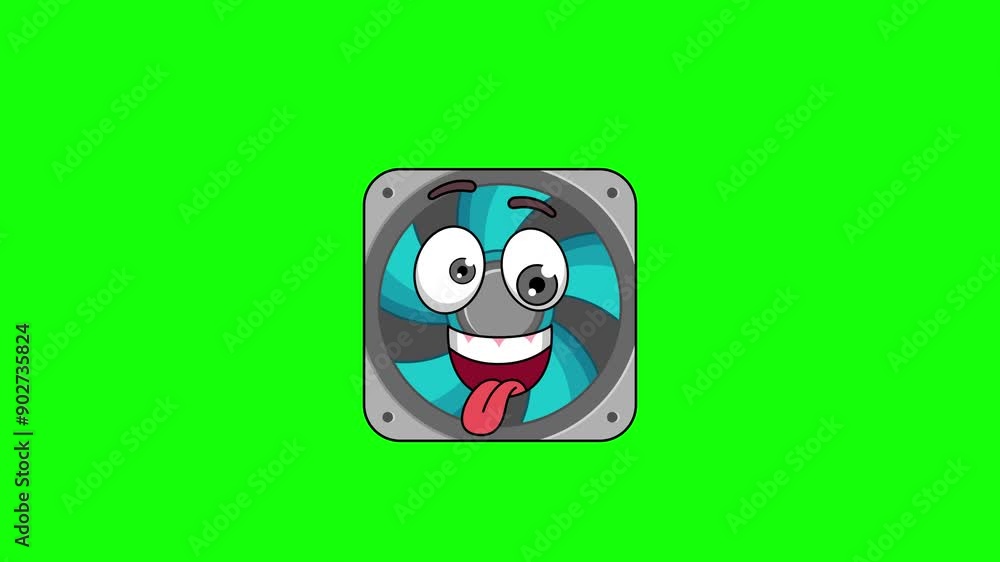 Funny face animation of computer fan cartoon, mascot on a greenscreen Funny face animation of computer fan cartoon, mascot on a greenscreen