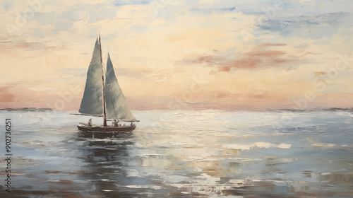 painting of a sailboat in the ocean at sunset with a sky background