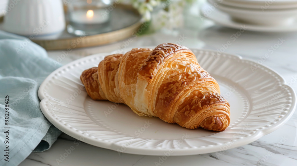 Croissant on White Plate on Marble Table with Pastel Blue Napkin Croissant on White Plate on Marble Table with Pastel Blue Napkin