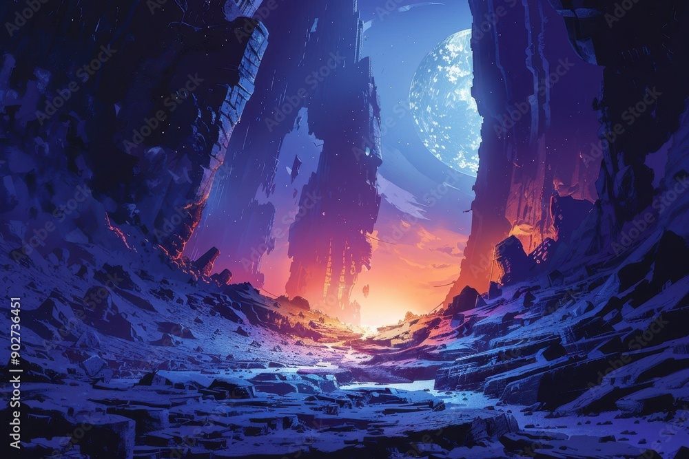 Fototapeta premium Alien planet landscape with moon and glowing crevice