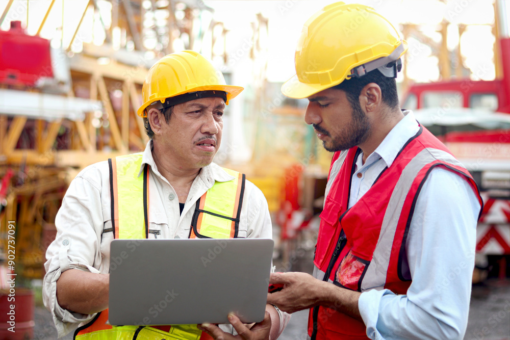 Two workers with safety vest and helmet hold laptop computer for discussion at construction site. Senior engineer and labor inspecting building site. Mature elderly and young architect work together. Two workers with safety vest and helmet hold laptop computer for discussion at construction site. Senior engineer and labor inspecting building site. Mature elderly and young architect work together.