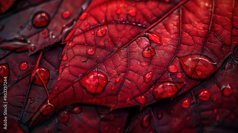 Fototapeta premium Close-up shot of vibrant red leaves with water droplets, showcasing natural texture and beauty. Perfect for nature and botanical themes.
