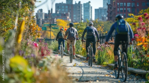 Wallpaper Mural Cyclists on a city bike path, representing active and eco-friendly urban commuting. Torontodigital.ca