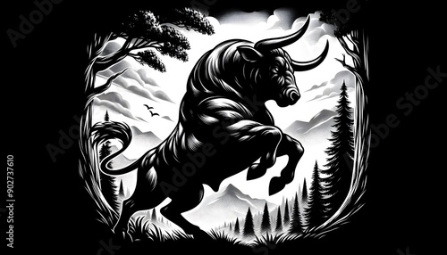 Wallpaper Mural a black and white image of a bull with trees in the background Torontodigital.ca