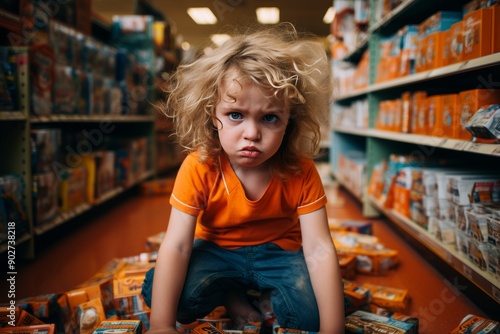 Childrens emotional behavior disorders A child in a toy store sits angrily on the floor among the toys photo