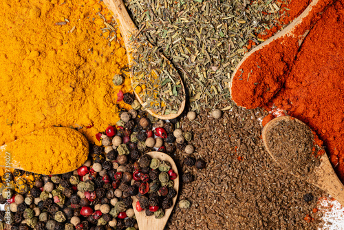 Multiple spices, chili, spice mix, turmeric, cumin, Italian herbs