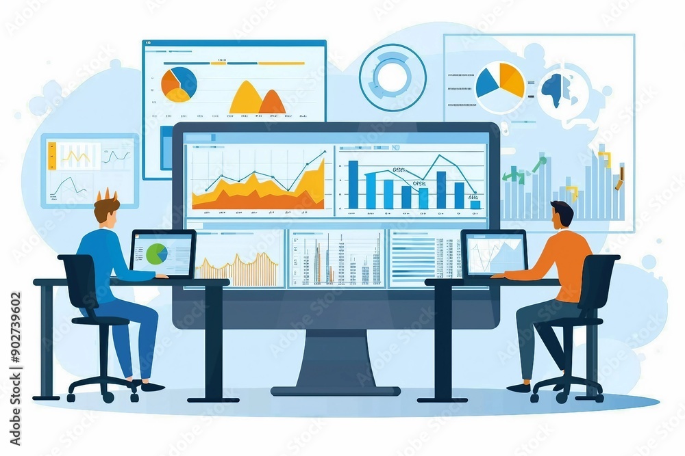 Flat vector design statistical and Data analysis for business finance investment concept with business people team working on monitor graph dashboard Flat vector design statistical and Data analysis for business finance investment concept with business people team working on monitor graph dashboard