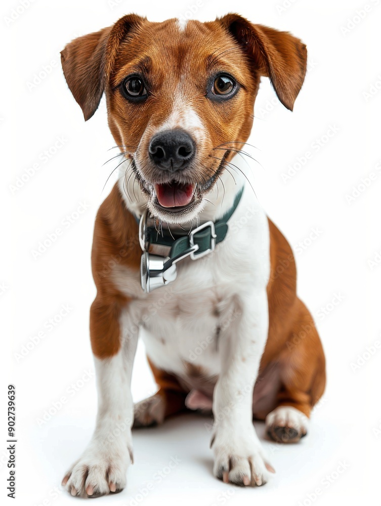 Happy Brown And White Dog Sitting Cheerfully Against A Plain Background Happy Brown And White Dog Sitting Cheerfully Against A Plain Background