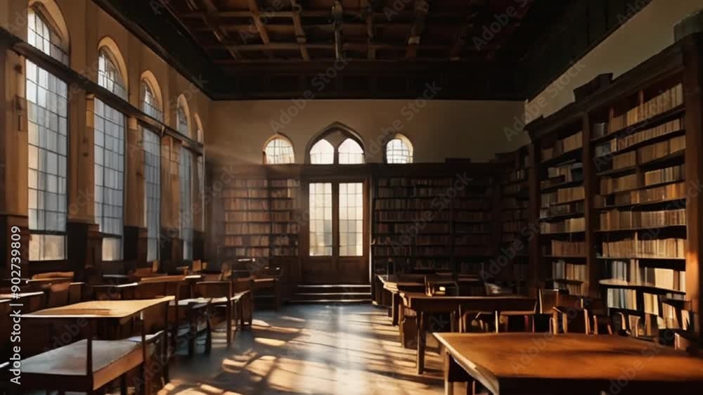 Sunlit Library with Wooden Bookshelves and Tables Sunlit Library with Wooden Bookshelves and Tables
