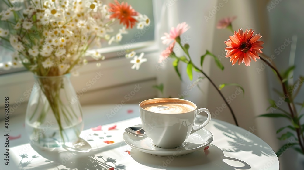 Cup of coffee and flowers in vase on white table indoor Cup of coffee and flowers in vase on white table indoor
