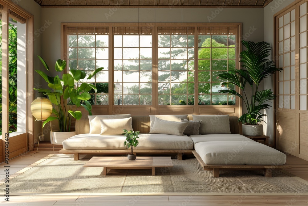 Modern Japanese living room with indoor plants and natural light Modern Japanese living room with indoor plants and natural light