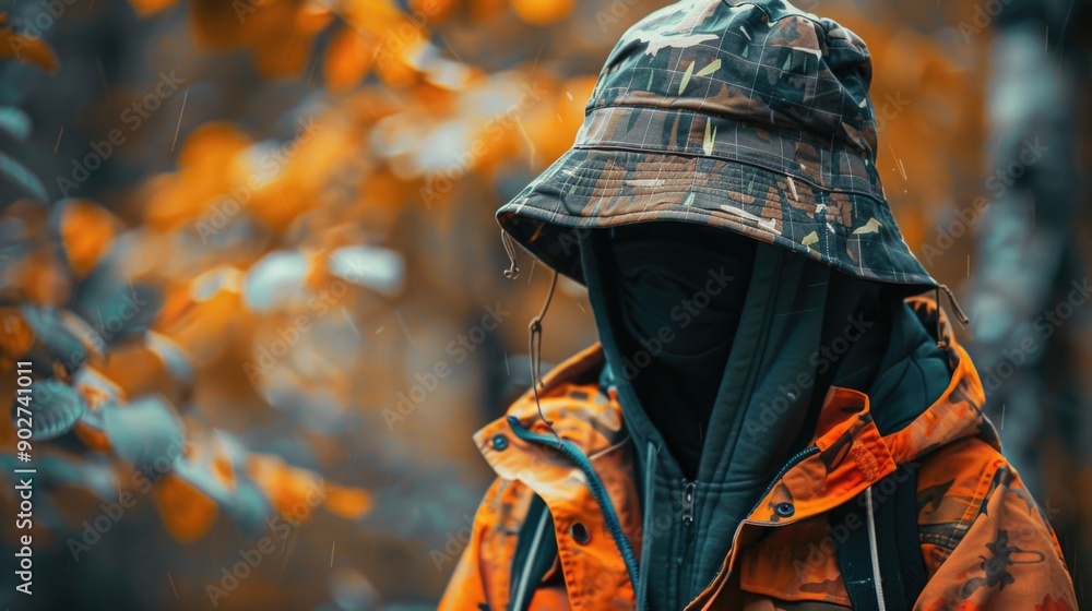 A person wearing a hat and a jacket, ready for outdoor activities A person wearing a hat and a jacket, ready for outdoor activities