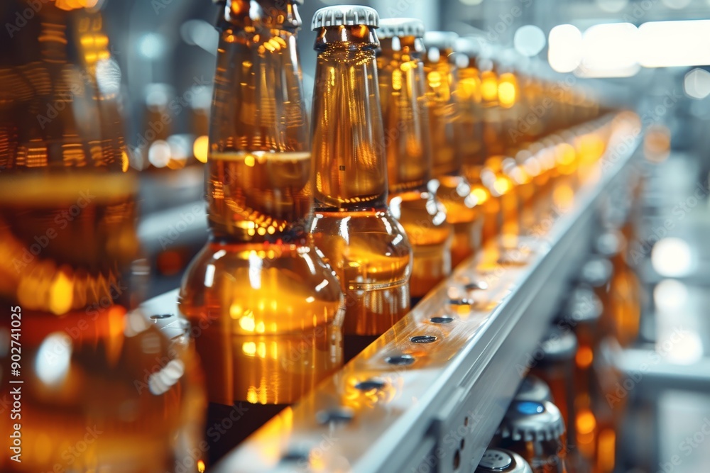 Close-up of beer bottles on a conveyor belt in a modern brewery production line Close-up of beer bottles on a conveyor belt in a modern brewery production line
