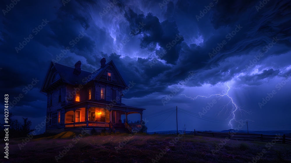 A haunted house on a hill, with lightning illuminating the dark sky Halloween day A haunted house on a hill, with lightning illuminating the dark sky Halloween day